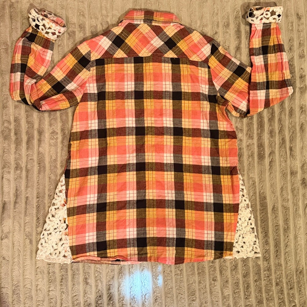 Hem & Thread Orange Plaid Lace Side Panel Button Down Shirt Women Small S - Picture 8 of 8